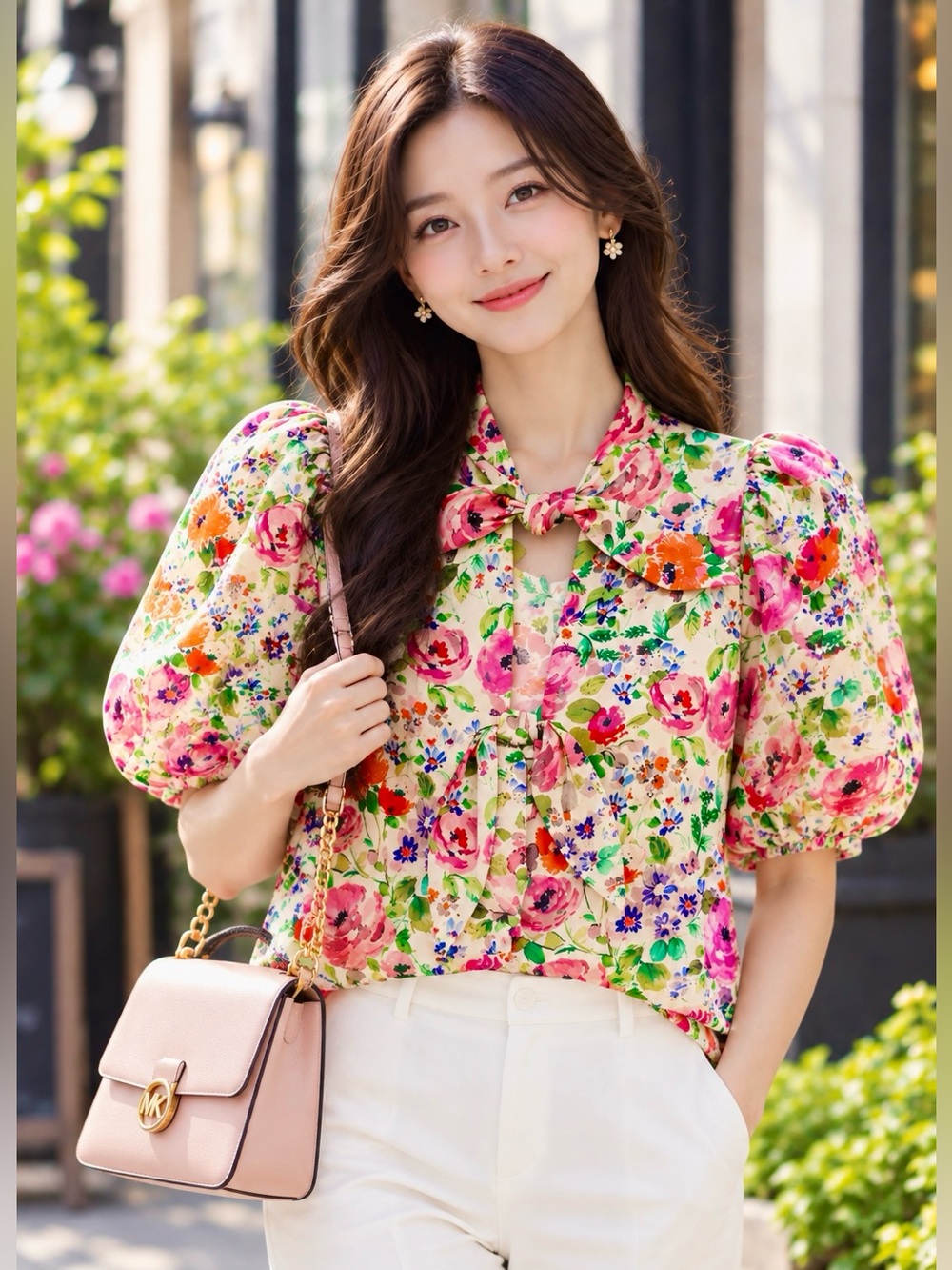 🌎 Zara Floral Bow Print Shirt Floral Blouse in Pink & Green